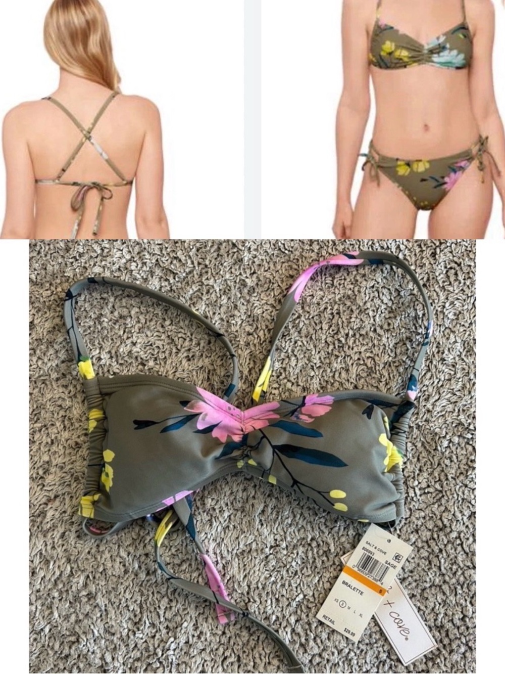 NWT Salt + Cove Sage CupShe Floral Strappy Bikini Top Small